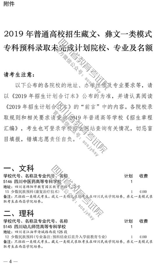 四川：关于普通高校藏文、彝文一类模式专科预科录取未完成计划院校征集志愿的通知