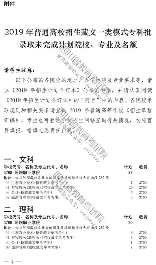 四川：关于普通高校藏文一类模式专科批录取未完成计划院校征集志愿的通知