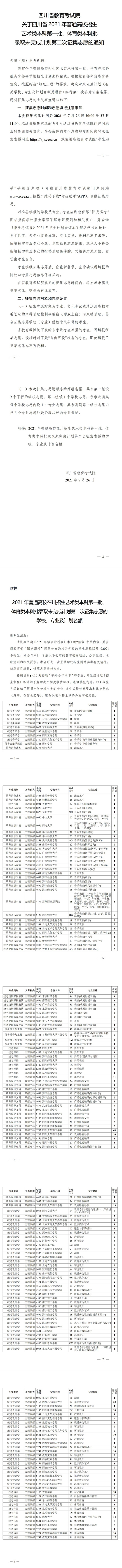 关于四川省2021年普通高校招生艺术类本科第一批、体育类本科批录取未完成计划第二次征集志愿的通知(图1)