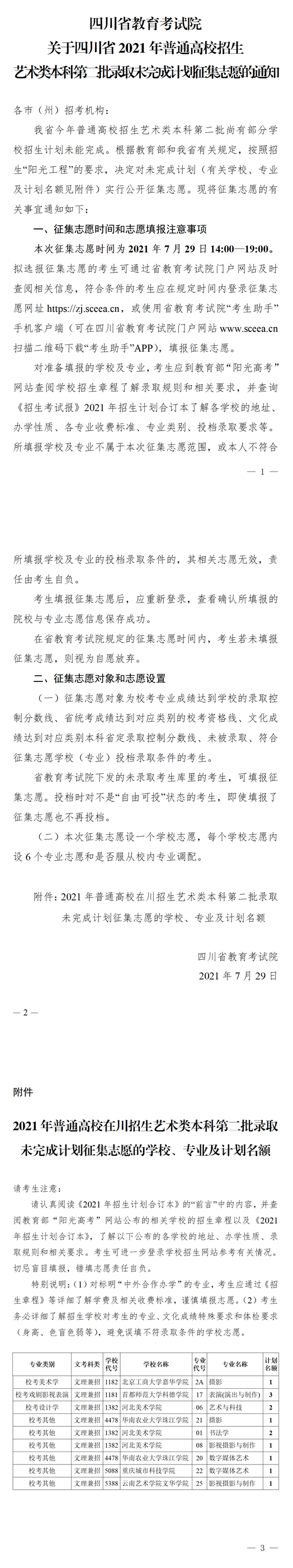 关于四川省2021年普通高校招生艺术类本科第二批录取未完成计划征集志愿的通知(图1)