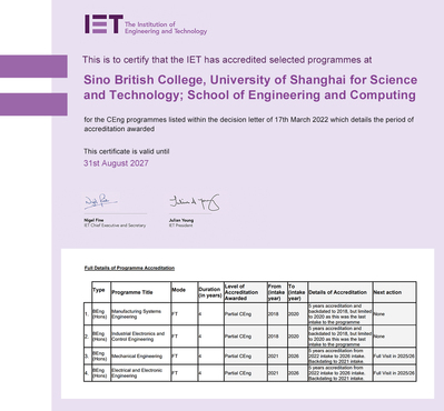 上海理工大学中英国际学院全部工科专业通过英国IET认证(图1) 上海理工大学中英国际学院全部工科专业通过英国IET认证(图1)
