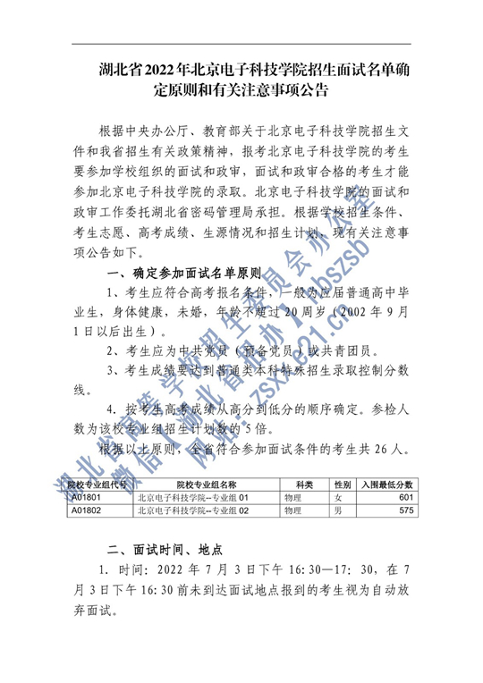 2022年北京电子科技学院在湖北省招生面试名单确定原则和有关注意事项公告(图1)