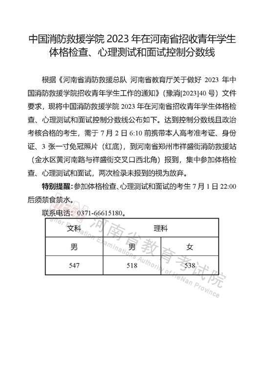 中国消防救援学院2023年在河南省招收青年学生体格检查、心理测试和面试控制分数线(图1)