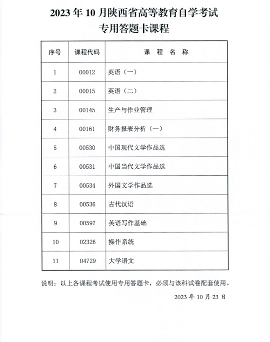 2023年10月陕西省高等教育自学考试传统卷课程、专用答题卡课程信息(图2)