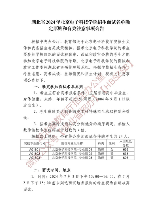 2024年北京电子科技学院在湖北省招生面试名单确定原则和有关注意事项公告(图1)
